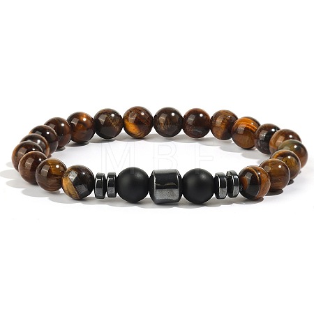 Natural Tiger Eye & Black Obsidian & Synthetic Non-magnetic Hematite Beaded Stretch Bracelets for Men OT1378-4-1