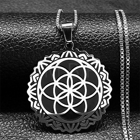 201 Stainless Steel Flower of Life Pendant Box Chain Necklaces for Women FS-WGA65E4-01-1