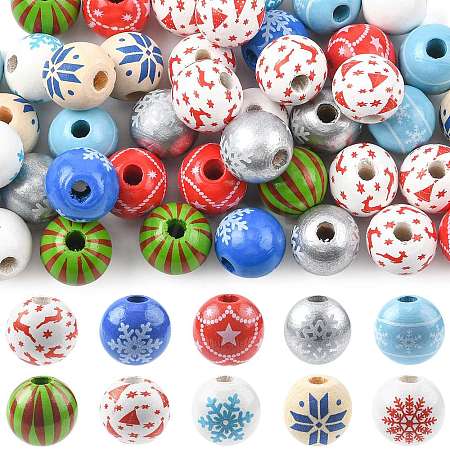 60Pcs 10 Styles Christmas Spray Painted Schima Wood Beads WOOD-FS0002-45-1