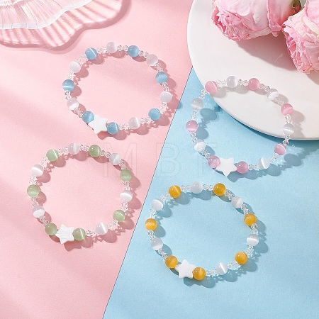 4Pcs 4 Colors Cat Eye & Imitation Austrian Crystal Beads Stretch Bracelets for Women BJEW-TA00695-1