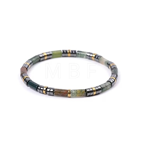 Bohemian Natural Indian Agate & Golden Synthetic Non-magnetic Hematite Beaded Stretch Bracelets for Women Men NY1304-10-1