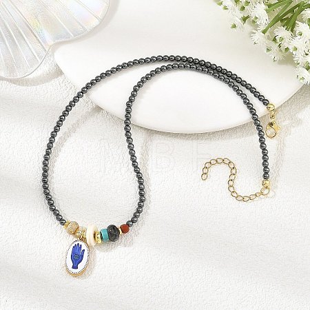 Printed 304 Stainless Steel Oval with Hand Pendant Synthetic Non-magnetic Hematite Round Beaded Necklaces NJEW-JN06690-1