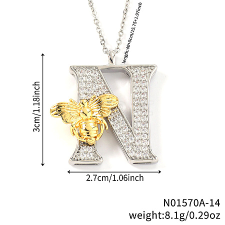 Brass Micro Pave Clear Cubic Zirconia Bee Initial Pendant Necklaces FS-WGF5E80-14-1