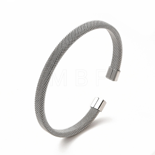 304 Stainless Steel Flat Mesh Chain Shape Open Cuff Bangle for Women BJEW-C033-09P-1