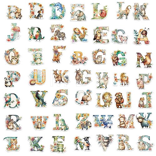 50Pcs Animal Letter A~Z PVC Waterproof Sticker Labels STIC-PW0024-07-1