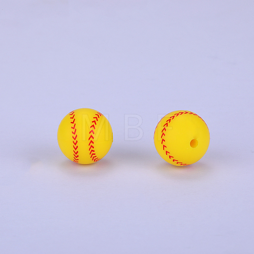 Printed Round with Baseball Pattern Silicone Focal Beads SI-JX0056A-105-1