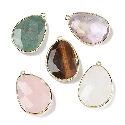 Natural Amethyst & Rose Quartz & Tiger Eye & Green Strawberry Quartz & Quartz Crystal Faceted Teardrop Pendants G-U028-01G-1