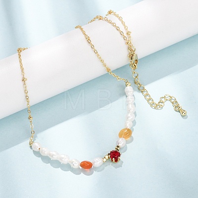Natural Carnelian Chip and Rice Natural Pearl Beaded Necklaces GG-CBA3297-15G-E-1