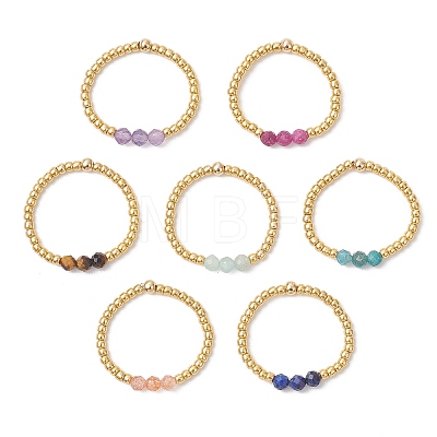 Natural Gemstone with 304 Stainless Steel Beads Finger Rings for Women RJEW-JR00984-1