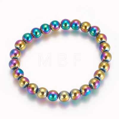 Electroplated Non-magnetic Synthetic Hematite Beaded Stretch Bracelet BJEW-P215-01-8mm-1