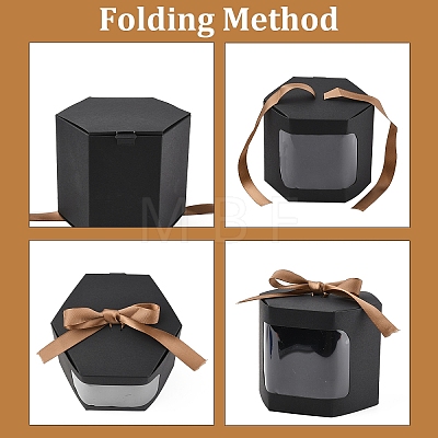 10Pcs Hexagon Kraft Paper Cake Boxes with Visual Window and Ribbon CON-YW0001-88A-1