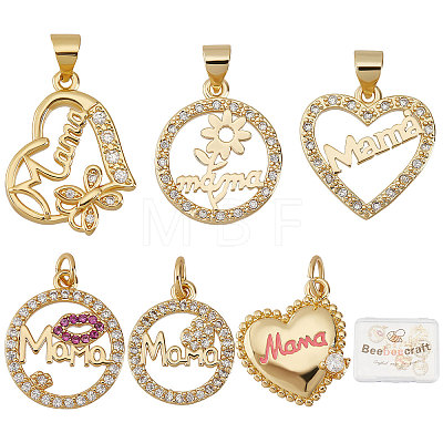 6Pcs 6 Style Mother's Day Brass Micro Pave Clear Cubic Zirconia Pendants ZIRC-BBC0001-15-1