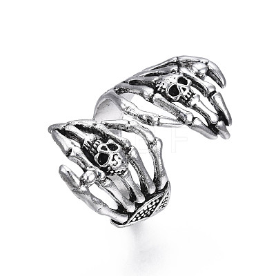 Gothic Punk Skull Hand Alloy Open Cuff Ring for Men Women RJEW-T009-57AS-1