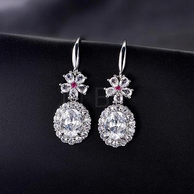 Brass Micro Pave Cubic Zirconia Flower with Oval Dangle Earrings for Women GA8760-3-1