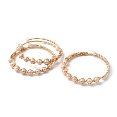 Brass Wire Wrapped Natural  Pearl Cuff Bangles for Women BJEW-D453-05G-1
