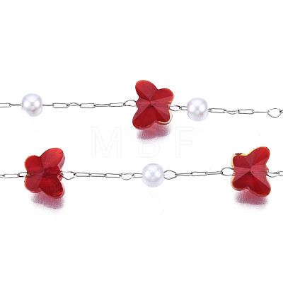 Glass Butterfly & ABS Plastic Pearl Beaded Chains CHS-N003-02-02-1