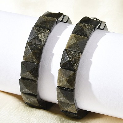 Square Natural Silver Obisdian Beads Stretch Bracelets for Women Men BJEW-C097-06P-1