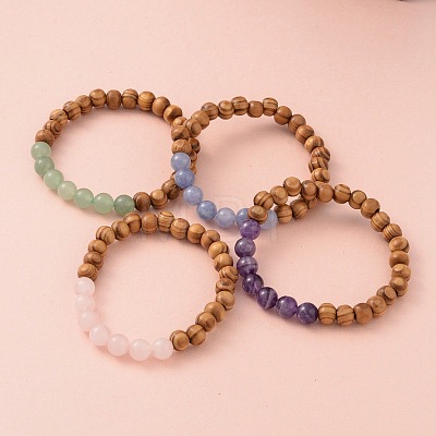 Round Wood Beaded Stretch Bracelets BJEW-JB02135-1