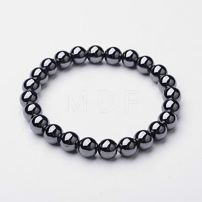 Synthetic Hematite Round Beaded Stretch Bracelet BJEW-F203-10-1