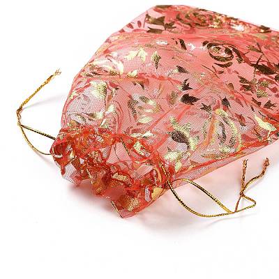 Gold Stamping Rose Flower Rectangle Organza Gift Bags OP-L006E-01-1