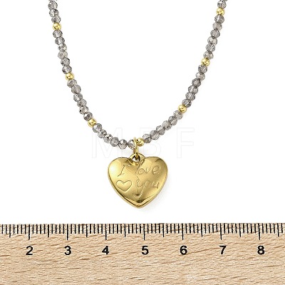 304 Stainless Steel I Love You Heart Pendant Gray Faceted Glass Beaded Necklaces for Women NJEW-F370-01B-G-1