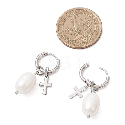 Natural Cultured Freshwater Pearl Rice with Cross Hoop Earrings EJEW-JE06744-1