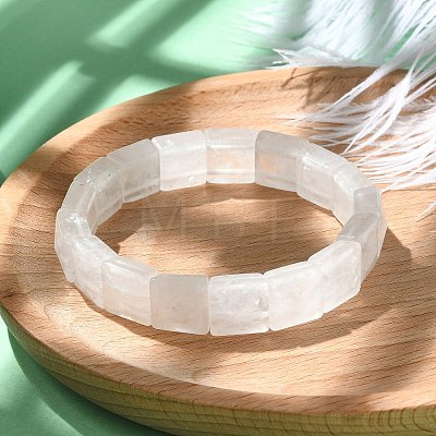Square Natural Quartz Crystal Beads Stretch Bracelets for Women Men BJEW-C097-06W-1