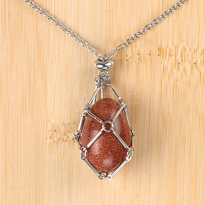 Synthetic Goldstone Easter Egg Cage Pendant 304 Stainless Steel Cable Chain Necklaces FS-WGA333C-04-1