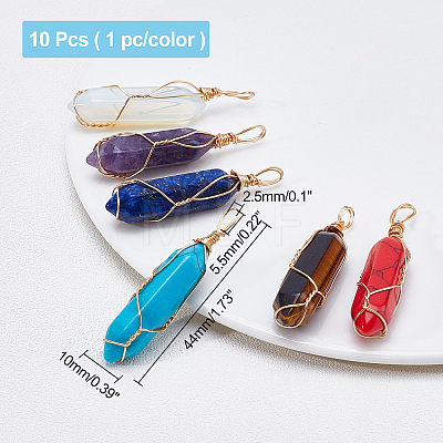 ARRICRAFT 10Pcs 10 Colors Gemstone with Steel Wire Wrapped Pendants G-AR0004-03LG-1