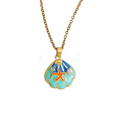 Ocean Brass Micro Pave Clear Cubic Zirconia Enamel Shell Shape Pendant Necklaces for Women WGFFEAA-04-1