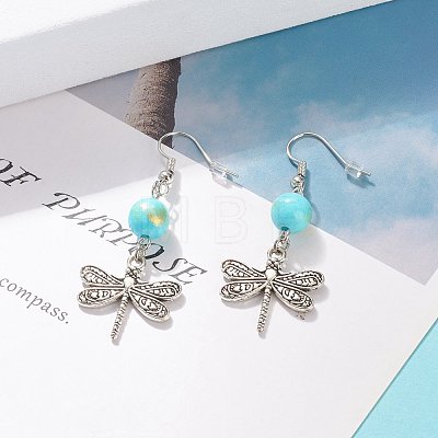 Round Natural Mashan Jade with Alloy Dragonfly Dangle Earrings EJEW-JE04855-05-1