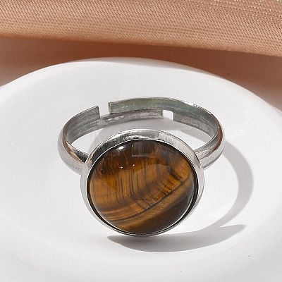 Half Round Natural Tiger Eye Finger Rings RJEW-M062-01P-08-1