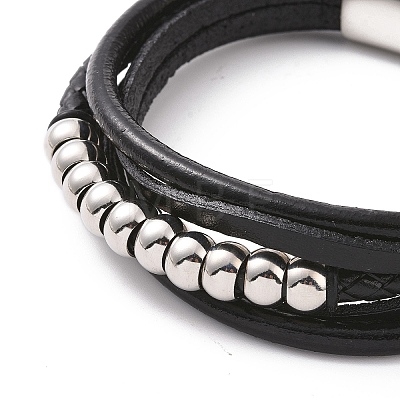 Black Leather Braided Cord Multi-strand Bracelet with 201 Stainless Steel Magnetic Clasps BJEW-P275-08P-1