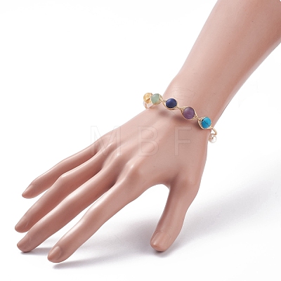 Round Mixed Gemstone Braided Bangle with Natural Pearl BJEW-JB08000-1