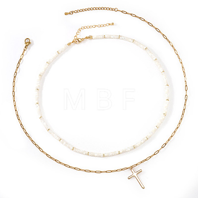 Beach Vacation Style Stainless Steel Religion Cross Pendant Natural White Jade Heishi Beaded Double Layer Necklaces for Women QG1443-1
