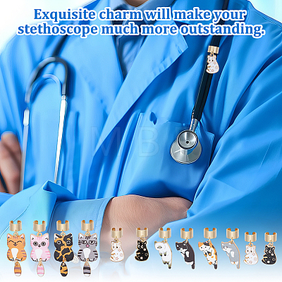 12Pcs 12 Styles Cat Alloy Enamel Stethoscope Pendant Decorations HJEW-OC00132-1