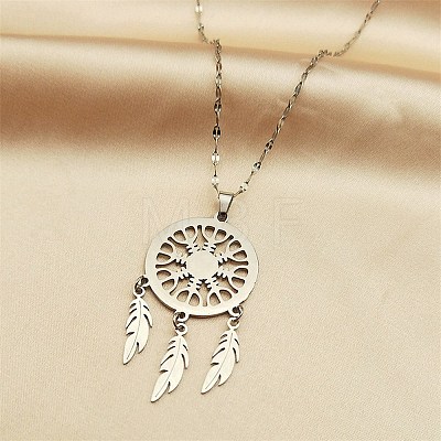 Non-Tarnish Woven Net/Web with Feather 304 Stainless Steel Pendant Necklaces for Women NJEW-G087-08P-1