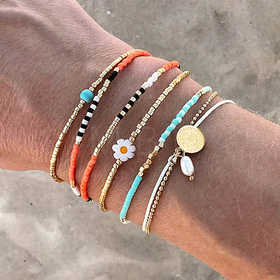 5Pcs 5 Styles Bohemian Glass Seed Bead Braided Beads Bracelets & 304 Stainless Steel Charm Double Layers Bracelets for Women WO6368-3-1