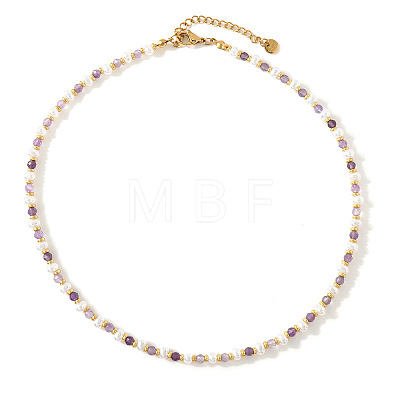 White Faux Pearl and Natural Amethyst Faceted Round Beaded Necklaces with 304 Stainless Steel End Chains for Women JN5423-3-1