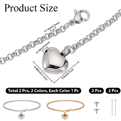 2Pcs 2 Colors Heart Non-Tarnish Stainless Steel Charm Bracelets BJEW-CN0001-22-1