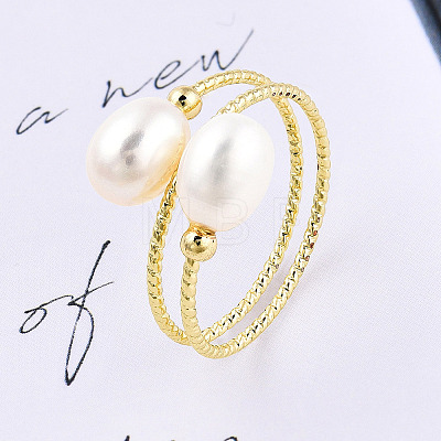 Natural Pearl Beaded Wrapped Cuff Ring RJEW-T026-04G-1