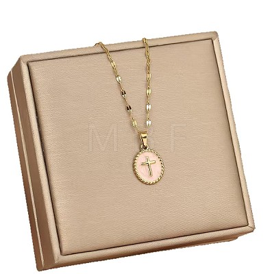 201 Stainless Steel Enamel Oval with Cross Pendant Necklaces FS-WG9DA99-01-1