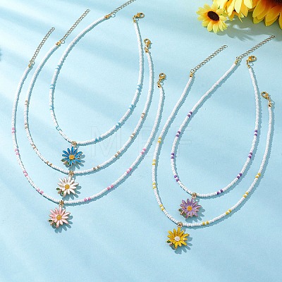 Summer Alloy Enamel Flower Pendant Glass Seed Beaded Necklaces for Women NJEW-MZ00151-1