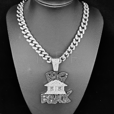 Hiphop Style Zinc Alloy Full Crystal and Jet Rhinestone Big Bank House Pendant Cuban Link Chain Necklaces for Men WG5AEC3-02-1
