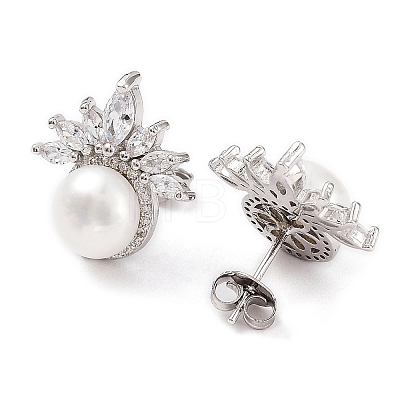Cubic Zirconia Flower with Natural Pearl Stud Earrings EJEW-F318-08P-1