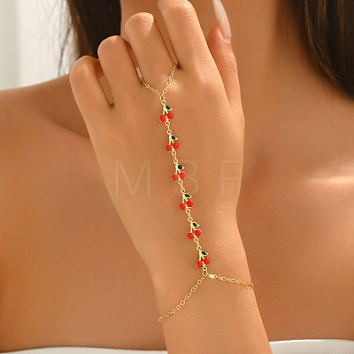 Bohemian Brass Enamel Red Cherry Charm Hand Chain Finger Ring Bracelets for Women LZ1117-1