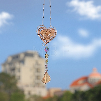 Wire Wrapped Natural Citrine Chip & Metal Heart Hanging Ornaments PW-WG4135E-01-1