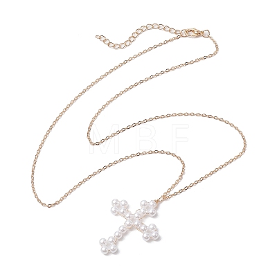 Cross Fleury Acrylic Imitation Pearl Pendant Necklaces NJEW-JN04985-1