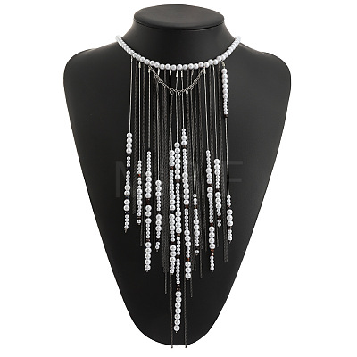 Black & White Round Plastic Pearl Waterfall Fringe Party Statement Bib Necklaces for Women WG6B067-01-1
