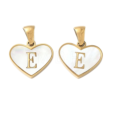 304 Stainless Steel Pave Natural White Shell Heart with Initial Slice Pendants STAS-R168-25G-E-1